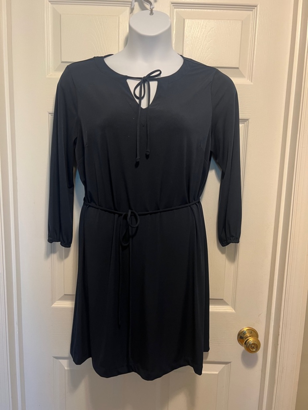 Women's Navy Tie-Neck Belted Dress